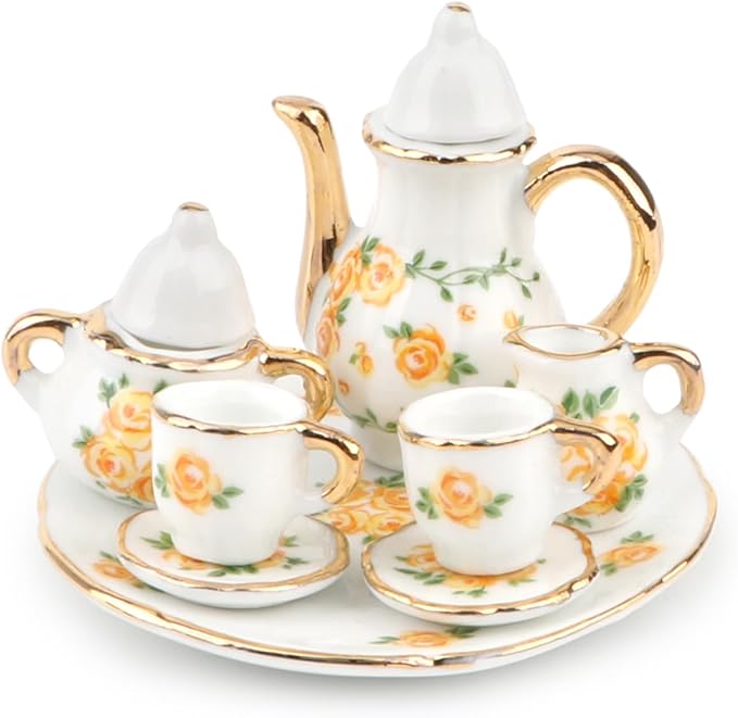 Dollhouse 1:6 Porcelain Tea Cup Sets 8 Pcs Set Miniature Ceramics Dollhouse Accessories Flower Pattern Teapot Platter Dish Sets Dollhouse Kitchen Supplies Decoration (Yellow)