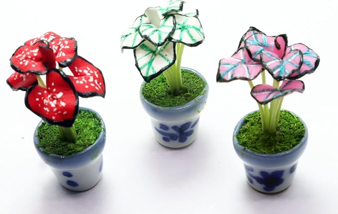 3 Pieces 1:12 Dollhouse Miniature Artificial Flower Plants in Ceramic Pot, Crimson Skye,White Christmas,Pink Gam Dollhouse Accessories for Collectibles and Home Decoration
