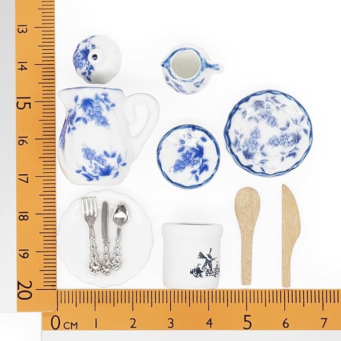 Odoria 1/12 Miniature Porcelain Tea Set Plates and Silverware Kitchen Utensils Dollhouse Accessories, Grapes