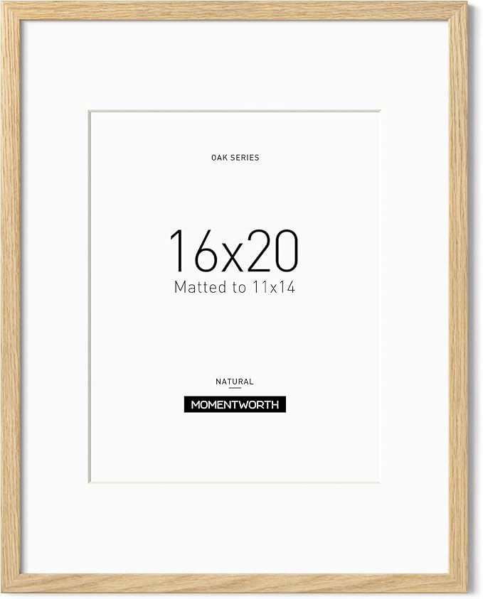 Momentworth 16x20 Frame with Mat for 11x14, Solid Oak Wood 16x20 Frames for Horizontal & Vertical Wall Mounting(Single,Oak)