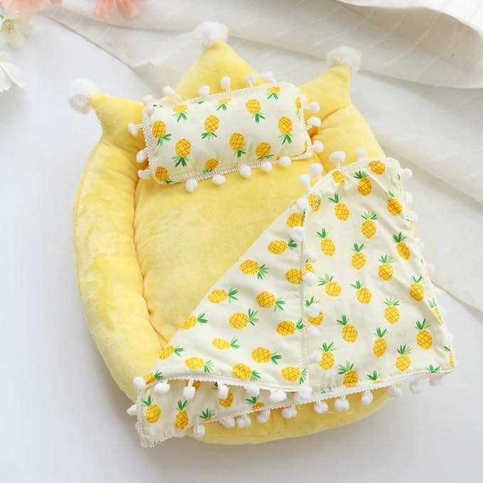 Mini Bed for Labubu Sofa, Doll House Furniture for Labubu Bedroom, Cute Doll Bed with Pillow and Blanket for 17cm Doll, Dollhouse Accessories for Labubu Decor or Collectors (Pineapple)