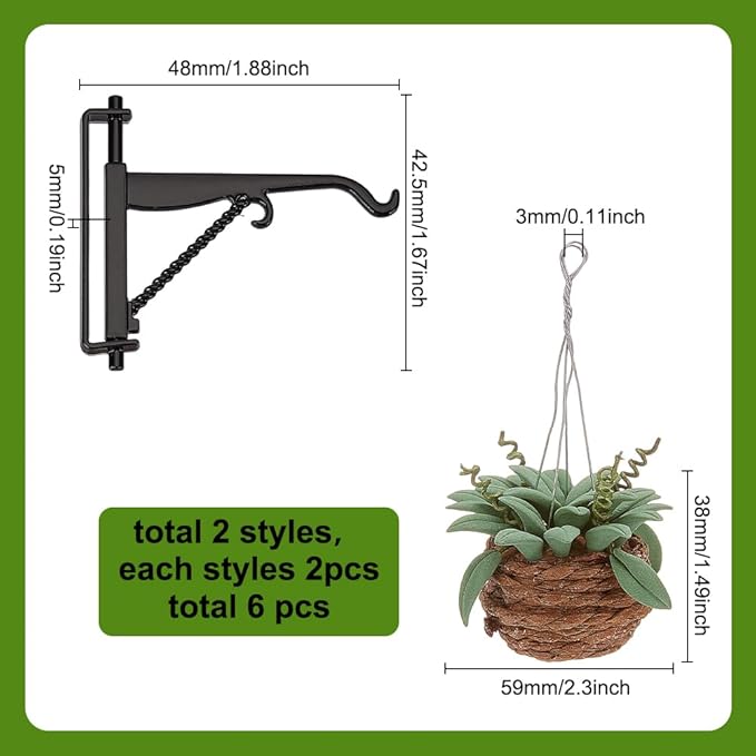 arricraft 2 Sets Miniature Dollhouse Hanging Bonsai Plant, 1:12 Mini Flowerpot Succulent Doll House Decor with Alloy Hook Hanger Model for Play House Accessories Decor