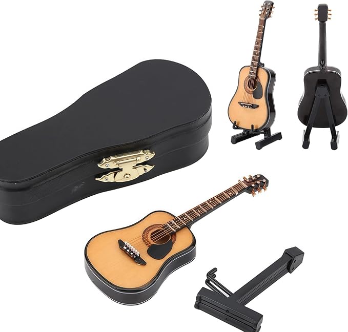 Miniature Guitar, 3.9x1.5x0.5in Guitar Model, Wooden Tiny Guitars Decorative Model with Guitars Shelf and Storage Box for Home, Office Decoration Display Ornament
