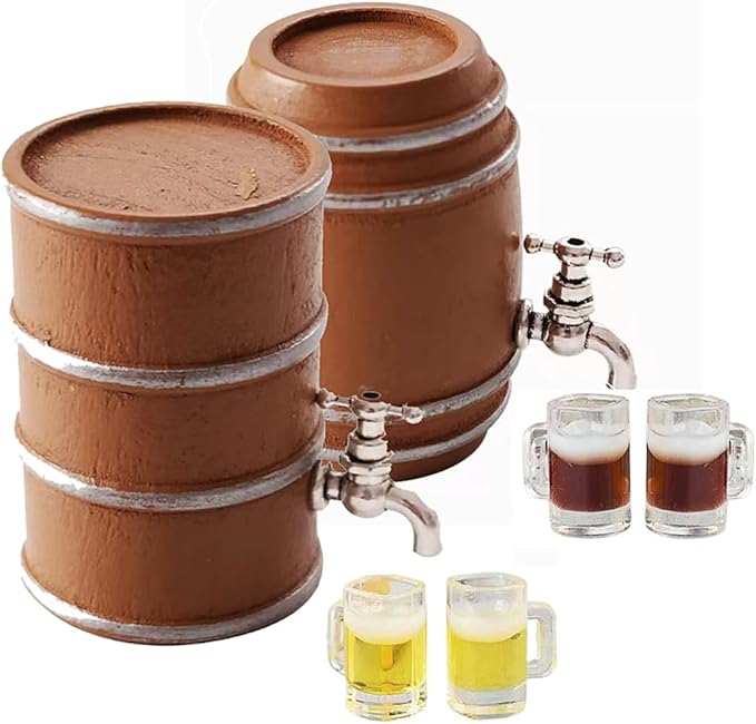 Miniature Beer and Wine Barrel Set with Mugs, Brown Wooden Style Kegs, 1:12 Scale Dollhouse Accessories, 6 Piece Collection