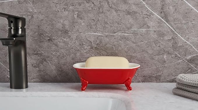 NEWHENGS 6.5" Ceramic Mini Decorative Clawfoot Bathtub Bar Soap Dish, Kitchen Sponge Holder and Shower Tray for Bathroom, 1 Pack(Chili)