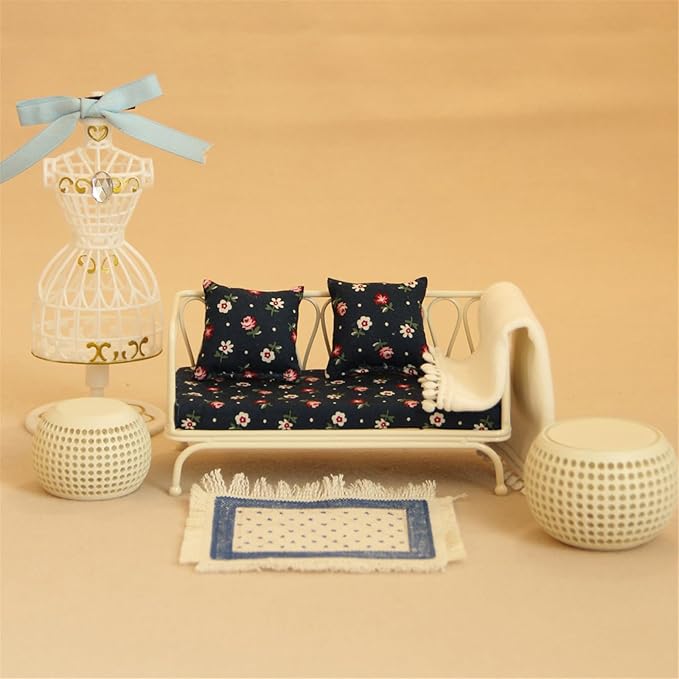 Doll House Sofa Set; Iron Frame Miniature Living Room Furniture; Detachable Washable Fabric Cushions for Creative Room Decoration.