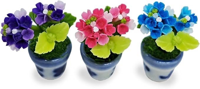 WitnyStore Tiny 1½" High 3 Pieces Set Purple Pink Blue Hydrangea Hand Made Artificial Flowers Realistic Colorful Miniature Modelling Clay Flower Pots Variety of House Plant Species Home Decoration