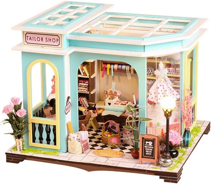 CRIOLPO DIY Miniature House Kit, DIY Doll House Miniature Kit for Adults, Tiny House Making Kit, Doll House Kit with Furnitures, Craft Kits, 3D Wooden Crafts Model - Tailor Shop