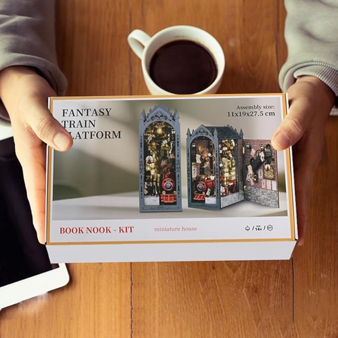 DIY Book Nook Kit, Miniature Dollhouse Booknook Kit with Light, Bookend Bookshelf Decor for Christmas Day, Best Gift for Family, Friends, Magic Train Station