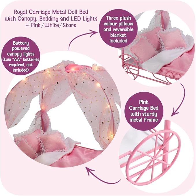 Badger Basket Elegant Royal Carriage Bed for 18-Inch Dolls with Canopy, Bedding, and LED Lights - Pink and White Stars