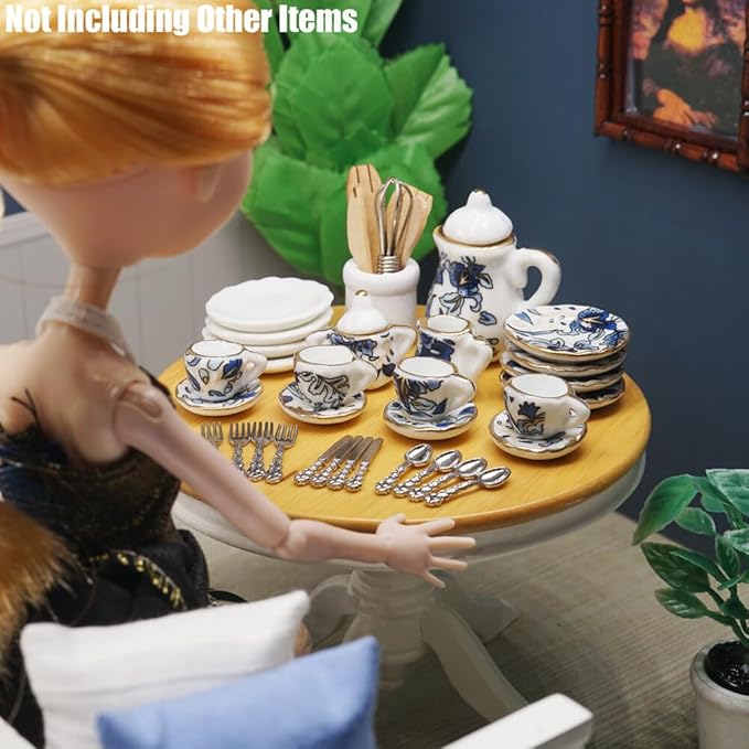 Odoria 1/12 Miniature Porcelain Tea Set Plates and Silverware Kitchen Utensils Dollhouse Accessories, Blue