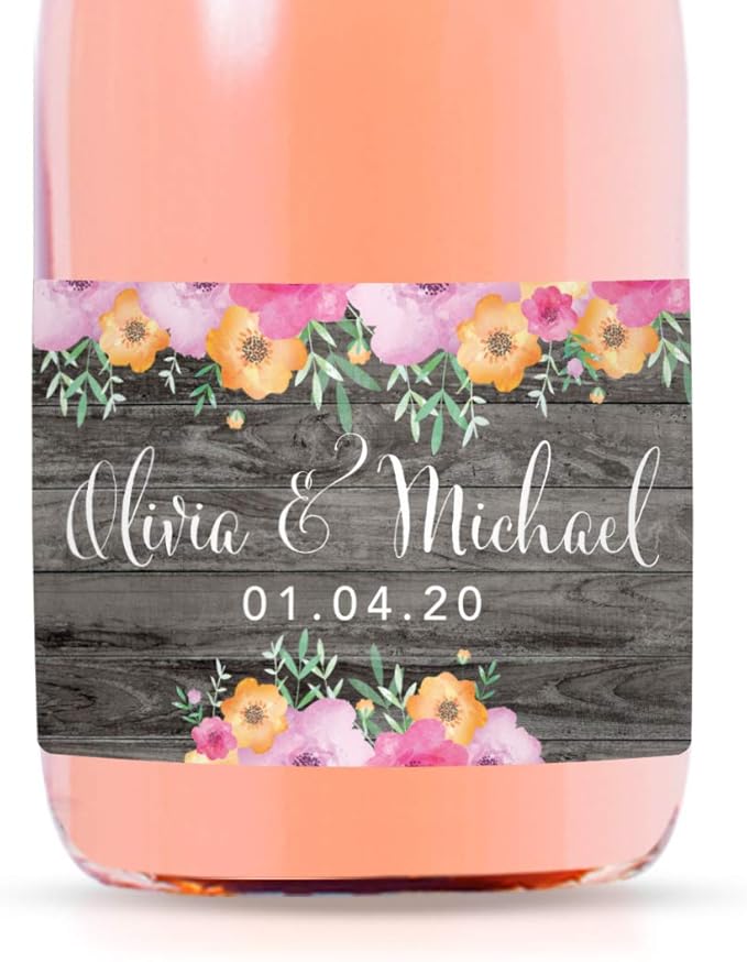 Andaz Press Personalized Mini Champagne Wine Bottle Wedding Favor Labels, Olivia & Michael, Date, Rustic Gray Wood Floral Flowers, 20-Pack, Custom Mini Champagne Favor Gift Stickers