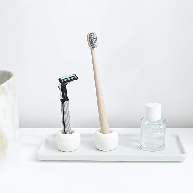 HalfofLife Mini Ceramics Toothbrush Holder Stand for Bathroom Vanity Countertop, Handmade Couple Toothbrush Head Holder, Shaver Holder and Office Pen Holder, 2-Piece Set White