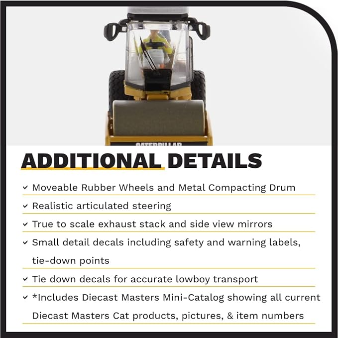 1:87 Caterpillar CS56 Smooth Drum Vibratory Soil Compactor - HO Models by Diecast Masters - 85246 - Functioning Wheels & Rolling Drum