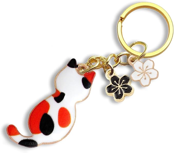 Agromusk Cute Cat Keychain, Enamel Flower Keyring Japanese Decor for Garden Cat Lovers, Kawaii Bag Charm With Sakura Flowers