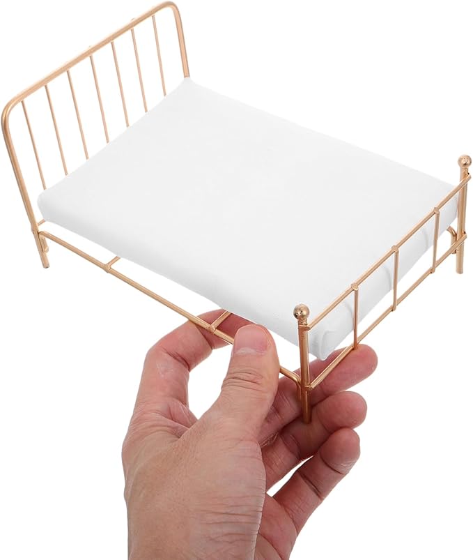Totority Realistic Iron Frame Miniature Bed 1/12 Scale Dollhouse Bedding Comfortable Queen Size for Dollhouse Living Room Decor