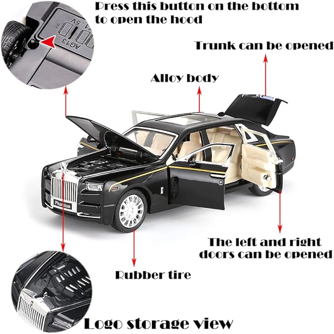 Toy Cars Phantom Model Black Alloy Collectibles Diecast Vehicles with Sound and Light