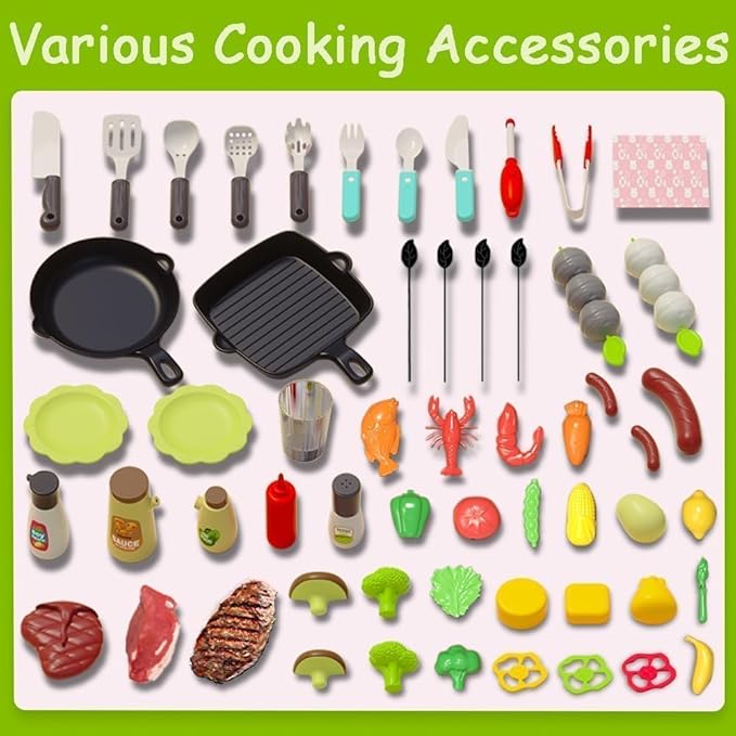 Kids BBQ Grill Playset, Play Kitchen Toys Grill with Smoke Sound Light Simulation Pretend Play Food for Toddlers 3-5 Camping Cooking Set Birthday Gifts Christmas for Grandkids