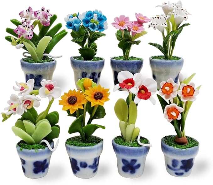 WitnyStore Tiny 2" High 8 Pieces Set Mix Hand Made Artificial Flowers Realistic Colorful Miniature Modelling Clay Flower Pots Brilliant Variety of Imitation House Plant Species Home Decoration