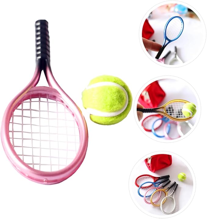 Kisangel DIY Mini House Decor Mini Tennis Racket and Ball Model Random Color Durable Lightweight Tennis