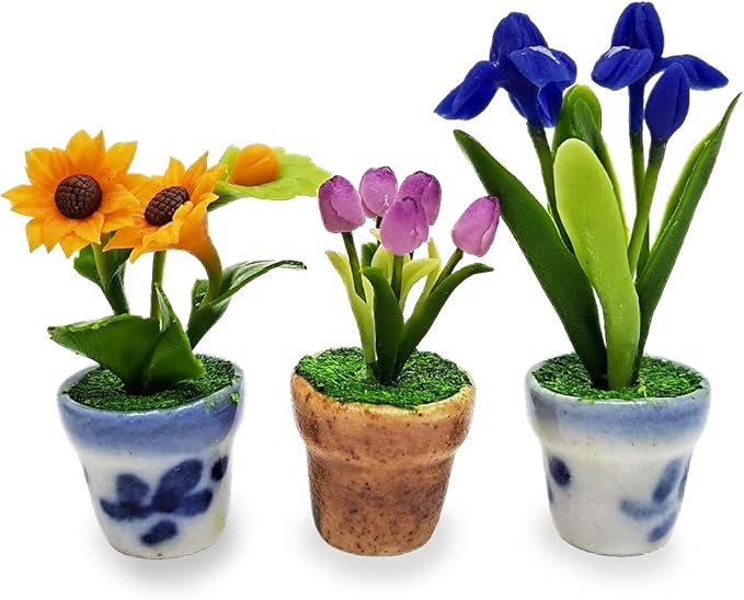 WitnyStore Tiny 1½" High 3 Pieces Set Sunflower Tulip Iris - Hand Made Artificial Flowers Colorful Miniature Realistic Modelling Clay Flower Plants in Pots Blooming House Plant Home Indoor Decoration