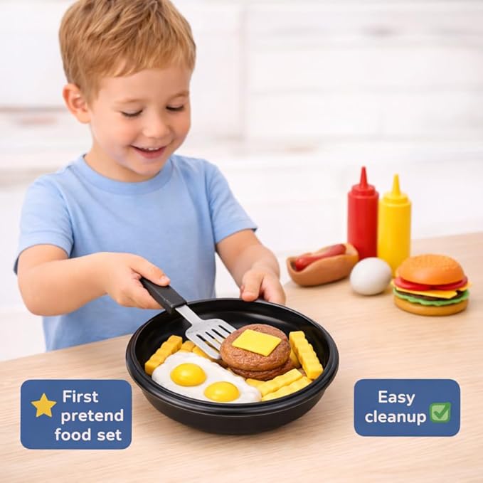 25 PCS Play Food Kids Toy Set with Frying Pan Skillet and Spatula - Kitchen Cooking Pretend Play Toy Grill Set for Toddlers Kids
