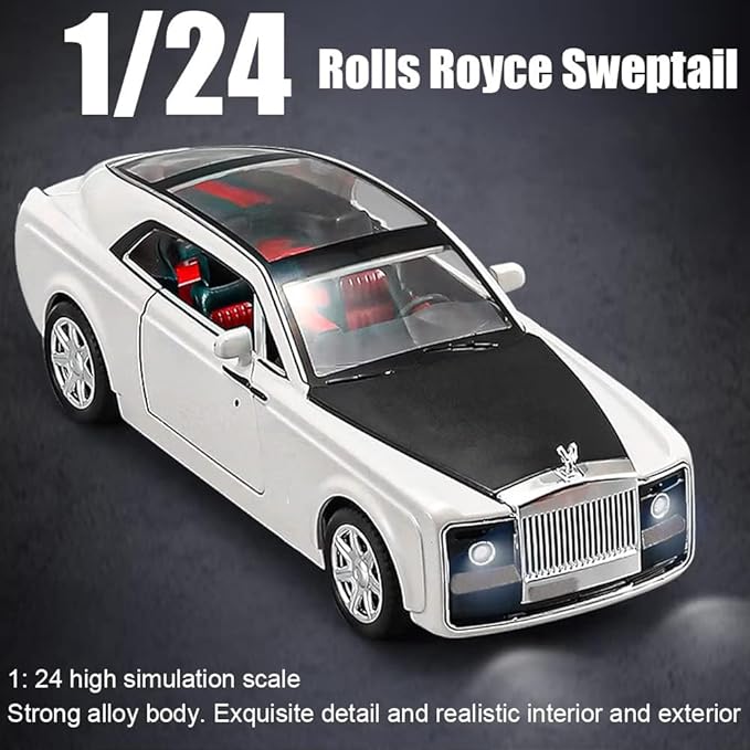 EROCK 1/24 Rolls-Royce Sweptail Toy Car Alloy Diecast Collectible Model Car for Kids Gift, Pull Back Toy Car with Sound and Light, Classic Double Door, Car Logo Can be Folded