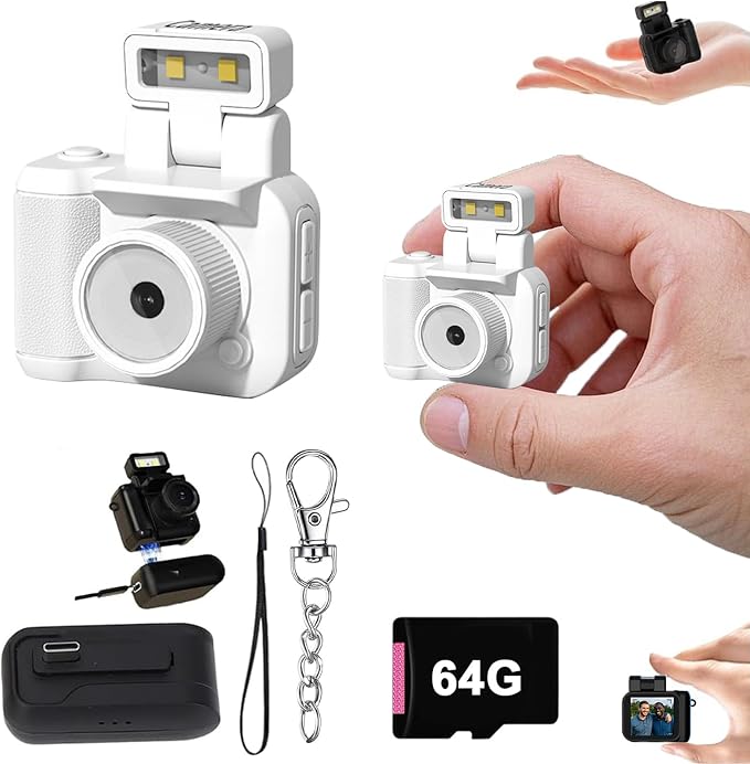 Gsnagole Retro Snap Camera，Mini Nostalgic Vintage View Camera，Tiny Snaps，Keychain Digital Photo，Llavero Mini CáMara Retro，1080p Hd with Led Flash Light (White 64G)