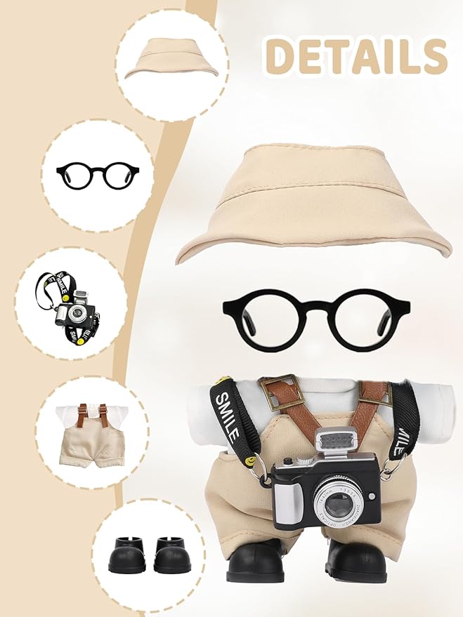 17cm Doll Clothes Set, Hat & Overalls & Shirt & Shoes & Glasses & Camera Set for 17cm Accessories Suit, Stylish Dolls Clothes Accessories, Cute Clothes for Dress up Unique Style (Beige)