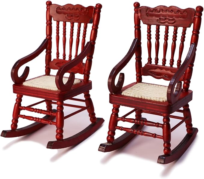 Dollhouse Chairs 2PCS Miniature Rocking Chair 1:12 Scale Wooden FurnitureAccessories Tiny Mini House Home Outdoor Cake Topper Decoration ModelLiving Room Scene Christmas Craft Displays (Red)
