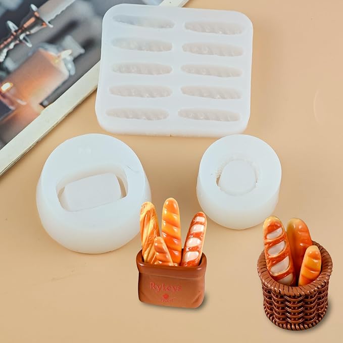 3Pcs Mini Bread and Basket Shape Resin Silicone Molds 3D Simulation Bread Basket Epoxy Casting Molds for DIY Micro Resin Dollhouse Fairy Garden Kitchen Miniatures Landscape Tiny Things Decor