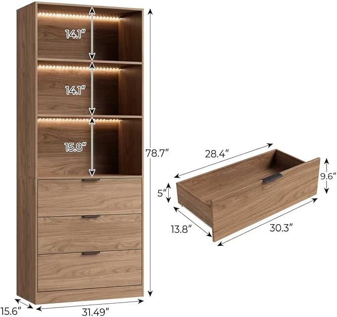 78.7" Walnut Display Cabinet with 3 Drawers, 3 -Tier Storage Cabinet with LED Lights, Tall Bookcasse Storage Cabinet, LED Display Case for Collectible, Living Room, Office, Kitchen