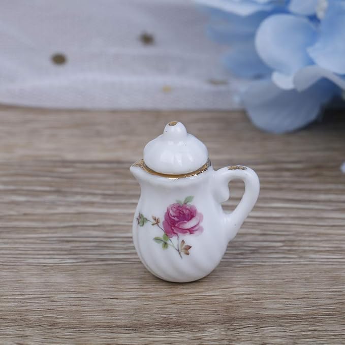 15 Pcs 1:12 Dollhouse Dining Ware Miniature Dish Cup Plate Pink Rose Chintz with Golden Trim Tableware Porcelain Ceramic Coffee Tea Cups Set,Dollhouse Decoration Kitchen Accessories