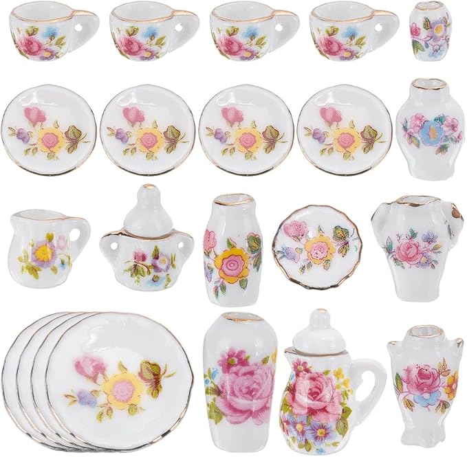 PLIGREAT 22 Pcs Miniature Dollhouse Porcelain Set, Mini Printed Ceramics Vase Plates Small Flower Pattern Teapot Cup for Dollhouse Furniture Accessories Home Decor