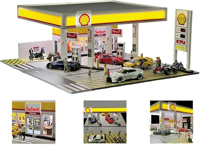 1/64 Scale Shell Gas Station Building Scene Model, Gas Station Architecture Scene, DIY Miniature Building Model for Teens (Cars & Figures Not Included)