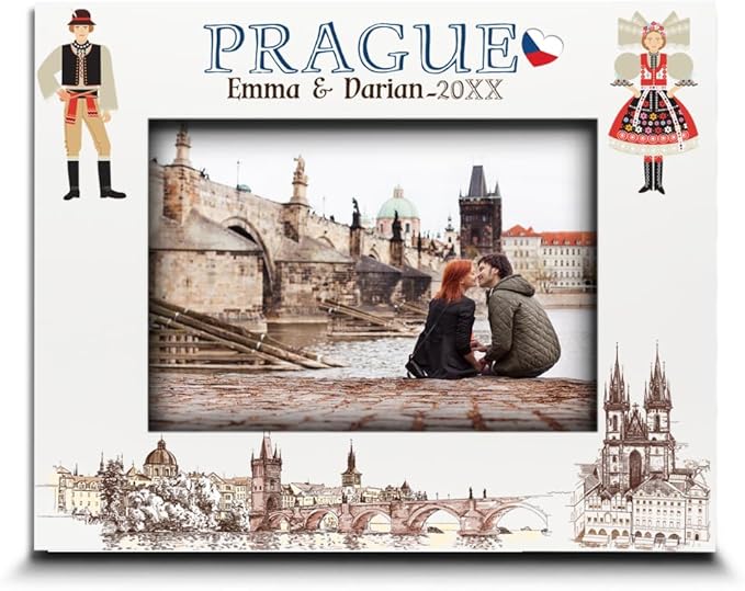 BELLA BUSTA-Personalized Europe Travel Picture Frame– Custom Print Photo Frame with City & Country-Honeymoon, Vacation, Adventure, Favor Keepsake (Prague (Horizontal))