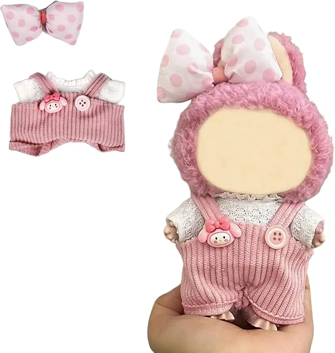 17cm Doll Clothes(NO Doll), Cute Dolls Outfit Accessories with Hair Clip + Top + Suspenders Pants, Small Kawaii Clothes Set for Dolls(Style 8)