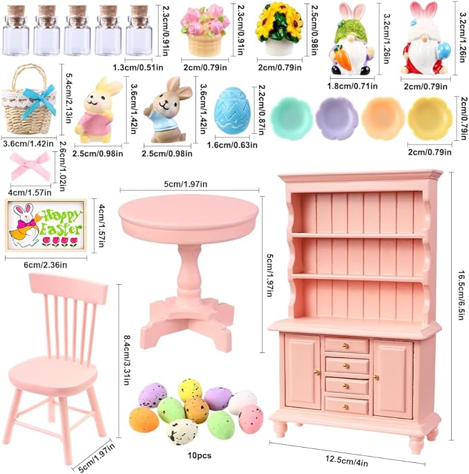 Celltestria 38Pcs Easter Dollhouse Miniatures Decorations 1:12 Scale Mini Pink Wooden Bookshelf Furniture Set Tiny Bottles Flowers Table Chairs Rabbits Eggs Easter Spring Decor