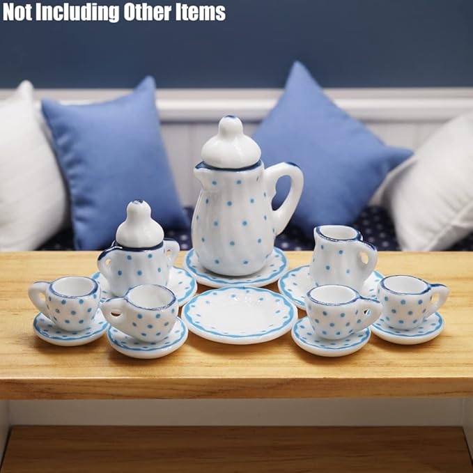 Odoria 1/12 Miniature Porcelain Tea Set 15Pcs Dollhouse Decoration Accessories, Blue Dots