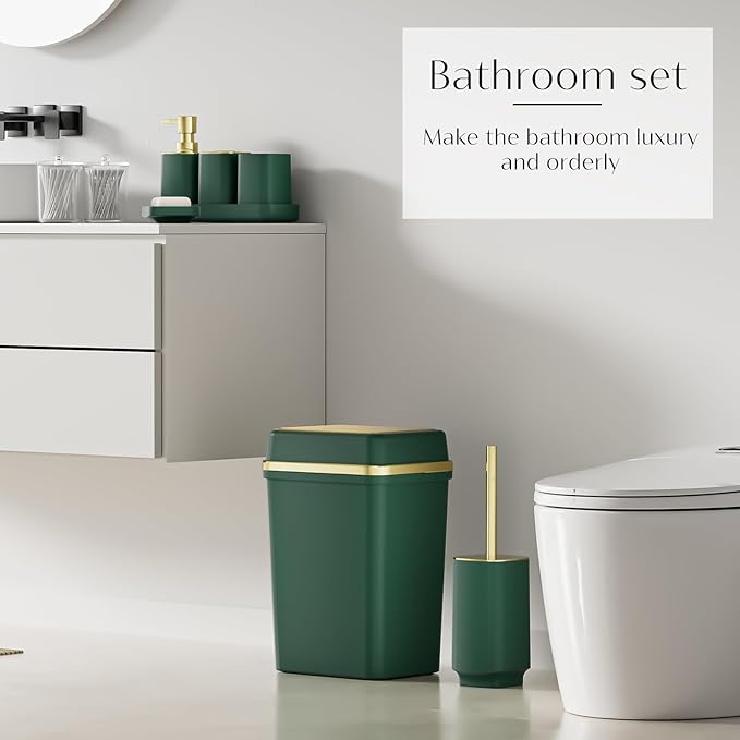9PCS Bathroom Accessory Set, Dark Green Bathroom Set with Large-Capacity 4 Gallon Trash Can, Bathroom Accessories Set Complete, Toothbrush Holder, Soap Dispenser, Toilet Brush, Bathroom Decor
