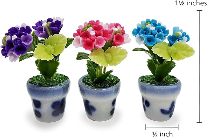 WitnyStore Tiny 1½" High 3 Pieces Set Purple Pink Blue Hydrangea Hand Made Artificial Flowers Realistic Colorful Miniature Modelling Clay Flower Pots Variety of House Plant Species Home Decoration