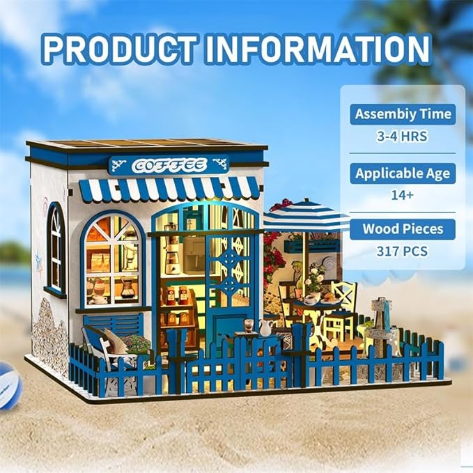 DIY Miniature House Kit - 3D Wooden Puzzle Dollhouse Kit with LED Lights, Coffee Shop Book Nook Bookshelf Insert Decor, Mini House Building Kit for Adults & Teens, Creative Craft Gift