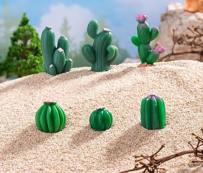 12 Pcs Realistic Mini Cactus Figurines – Resin Cactus Models in Various Shapes, Miniature Green Cacti Ornaments for DIY Dollhouse, Fairy Garden, Bonsai, Micro Landscape, Car & Cake Toppers