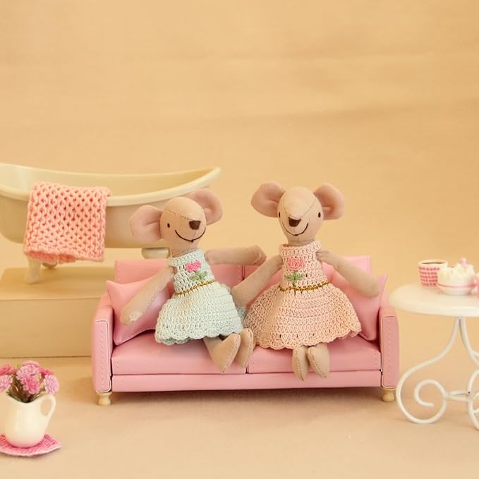 Miniature Dollhouse Leather Couch 1:12 PU Sofa Furniture Set with Cushions – Fit 1/12 Scale Accessories for Doll House Décor and 3 to 6 inches Doll Figure (Pink)
