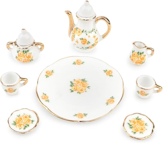 Dollhouse 1:6 Porcelain Tea Cup Sets 8 Pcs Set Miniature Ceramics Dollhouse Accessories Flower Pattern Teapot Platter Dish Sets Dollhouse Kitchen Supplies Decoration (Yellow)