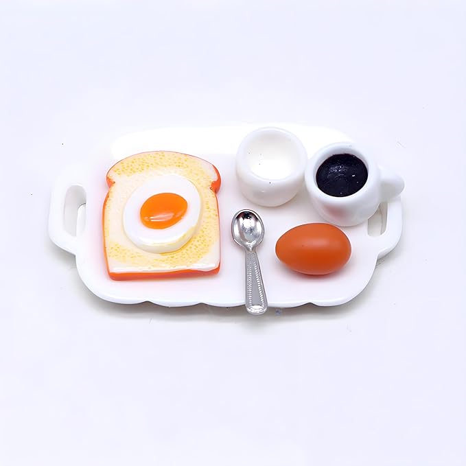 7 Pieces 1:12 Scale Miniature Breakfast Set – Dollhouse Kitchen Accessories, Includes Tray, Spoon, Cup, Coffee, Eggs, Bread, and Other Decorative Items Miniature Scenes for DIY Craft Projects