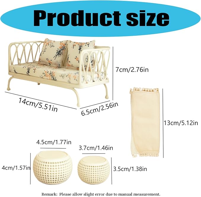 Doll House Sofa Set; Iron Frame Miniature Living Room Furniture; Detachable Washable Fabric Cushions for Creative Room Decoration.