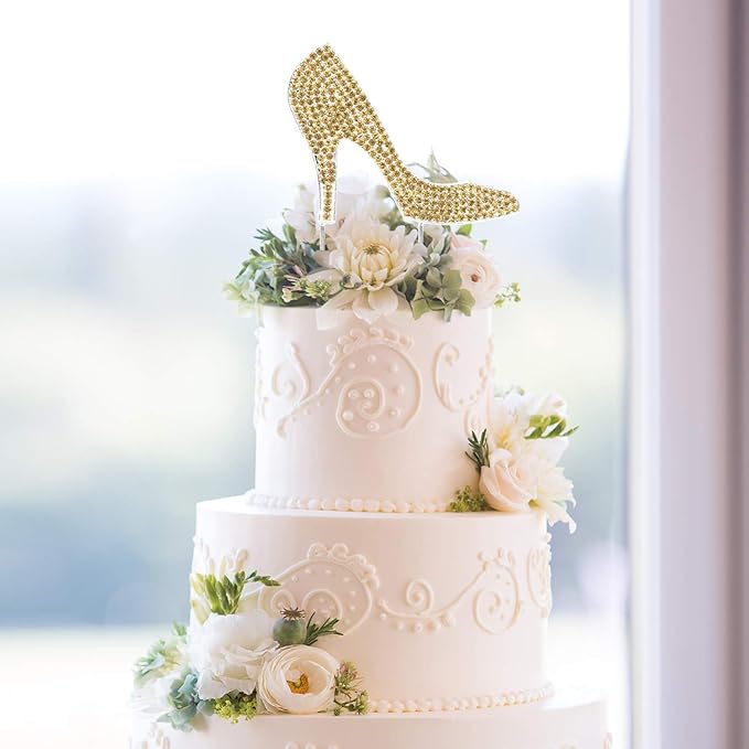 LINGTEER High Heel Gold Rhinestone Crystal Cake Topper Perfect for Birthday Wedding Anniversary Party Keepsake Sparkle Decoration