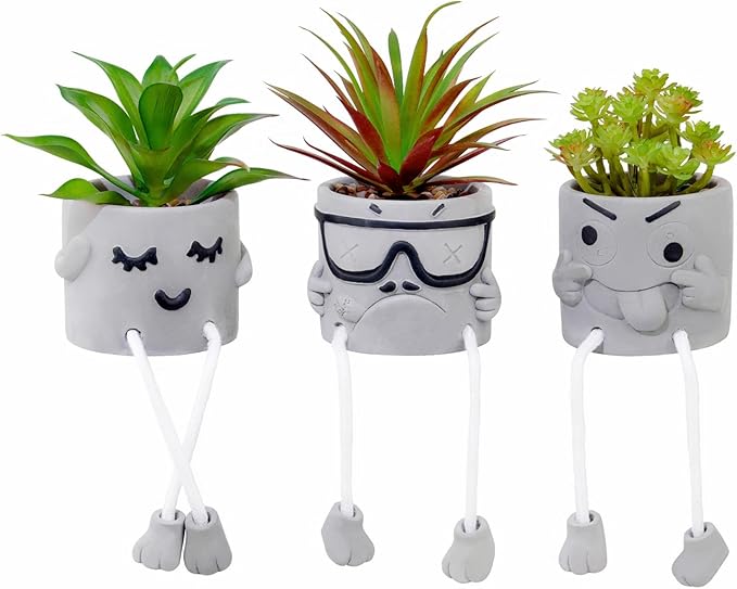 LUZOGA Set of 3 Artificial Succulents Potted Plants Faux Succulents Desk Decoration Fake Mini Plants in Grey Pots Faux Plants Kitchen Shelf Desk Decor Small Bathroom Decor for Shelves