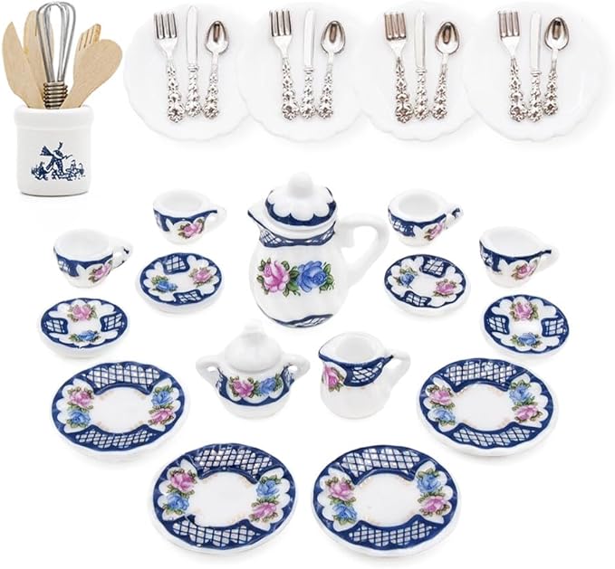 Odoria 1/12 Miniature Porcelain Tea Set Plates and Silverware Kitchen Utensils Dollhouse Accessories, Blue Blossom
